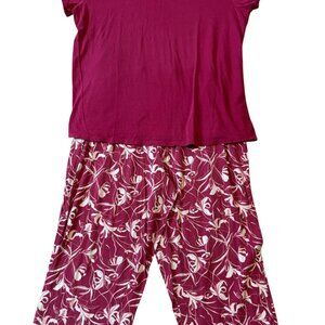 Liz Claiborne Womens L Sleepwear Set Maroon W/Patterned Cropped Pants